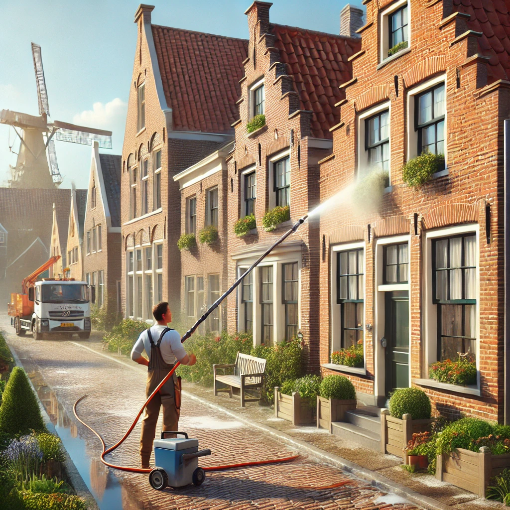 Een professional voert gevelreiniging uit op een bakstenen huis in een Nederlands dorp, met gebruik van gespecialiseerde apparatuur om vuil en aanslag te verwijderen.