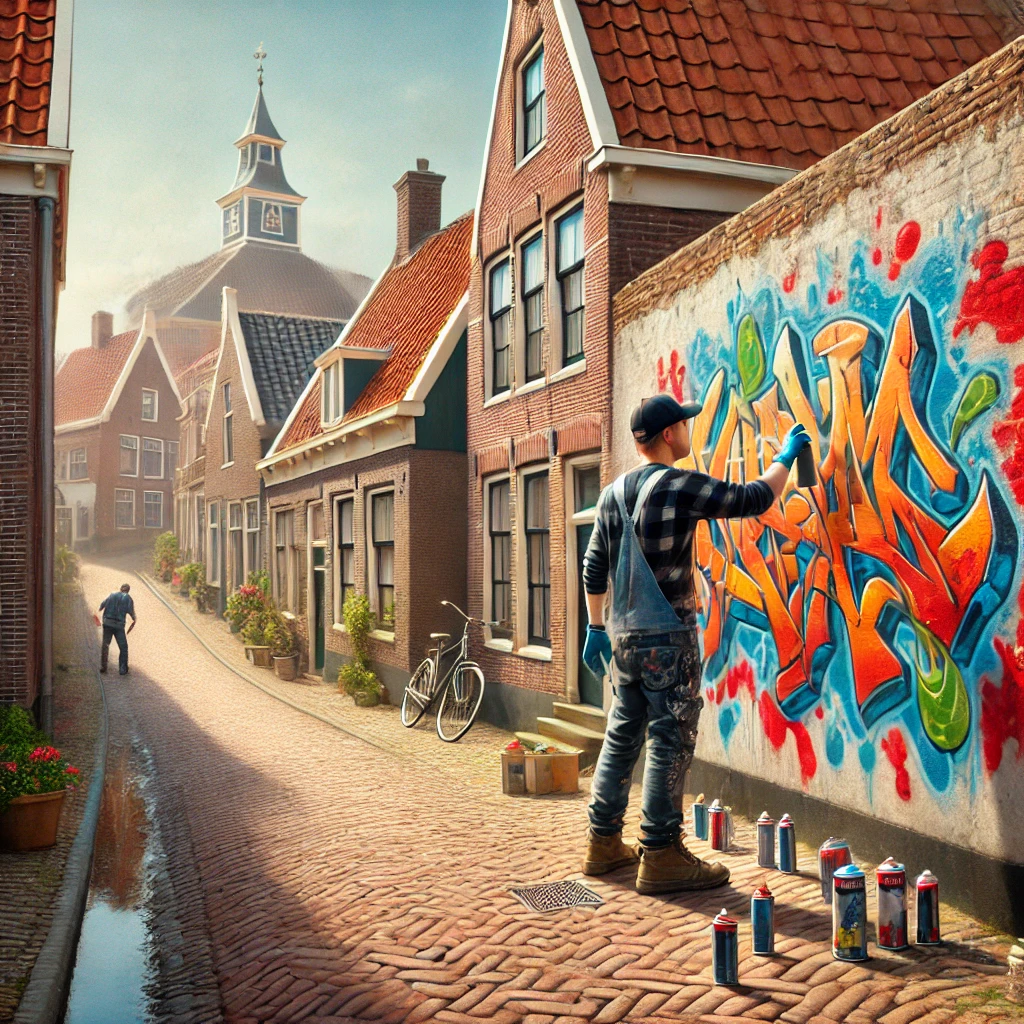 Een graffiti-artiest spuit kleurrijke en creatieve ontwerpen op een muur in een rustig Nederlands dorp, met traditionele huizen op de achtergrond.